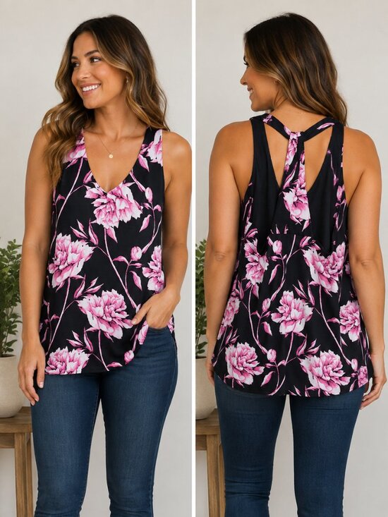 Ricki's Tops - Ricki's Floral Tank Top Women's Small Black Pink Sleeveless V-Neck Blouse